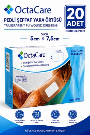 Octacare Su Geçirmez Pedli Şeffaf Pu Film Steril Yara Örtüsü Banyo Bandı 5cm×7,5cm (20 Adet)