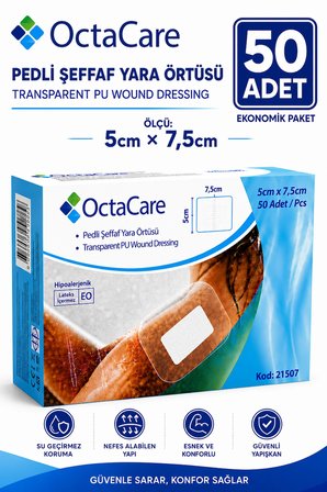 Octacare Su Geçirmez Pedli Şeffaf Pu Film Steril Yara Örtüsü Banyo Bandı 5cm×7,5cm (100 Adet)