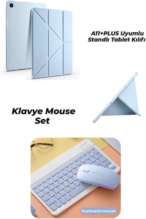 Galaxy A11+ Plus Uyumlu Standlı Tablet Kılıfı + Kablosuz Klavye Mouse Set (Mavi)