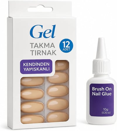 Gel Takma Tırnak Seti 12 Adet Kendinden Yapışkanlı Press-On Nails, Doğal Görünüm, Dayanıklı ve Kolay Uygulama, Evde Profesyonel Manikür, Brush On Nail Glue Yapıştırıcı Dahil