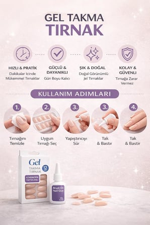 Gel Takma Tırnak Seti 12 Adet Kendinden Yapışkanlı Press-On Nails, Doğal Görünüm, Dayanıklı ve Kolay Uygulama, Evde Profesyonel Manikür, Brush On Nail Glue Yapıştırıcı Dahil