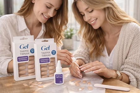 Gel Takma Tırnak Seti 12 Adet Kendinden Yapışkanlı Press-On Nails, Doğal Görünüm, Dayanıklı ve Kolay Uygulama, Evde Profesyonel Manikür, Brush On Nail Glue Yapıştırıcı Dahil