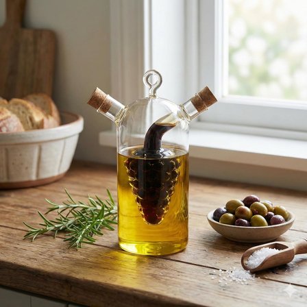 2'si 1 Arada Cam Yağlık ve Sirkelik - İç İçe Geçmeli Çift Hazneli Dekoratif Sosluk - Mantar Kapaklı Zeytinyağı ve Sirke Şişesi (240ml + 60ml)