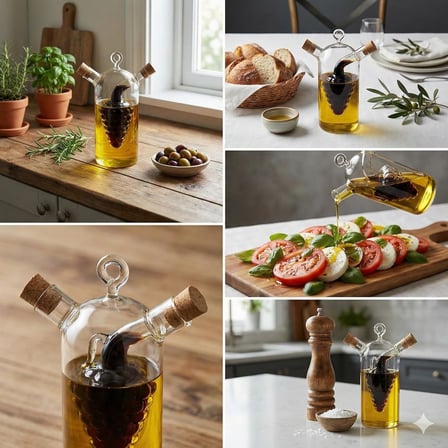 2'si 1 Arada Cam Yağlık ve Sirkelik - İç İçe Geçmeli Çift Hazneli Dekoratif Sosluk - Mantar Kapaklı Zeytinyağı ve Sirke Şişesi (240ml + 60ml)