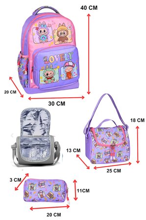 Okul Cantasi 3’LU Ilkokul Labubu Baskili Lila Kiz Cocuk Beslenmeli ve Kalemlikli Cantasi Mor GALB Leather