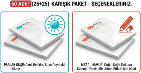 2 li paket Parlak Kuşe ve Mat 1.Hamur Etiket Toplam 50 adet 25 Adet Parlak Kuşe 25 Adet Mat 1.Hamur Etiket