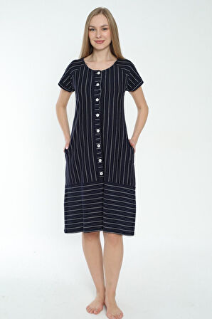 Kadın Çizgi Desenli Pamuklu Kısa Kollu Cepli Elbise