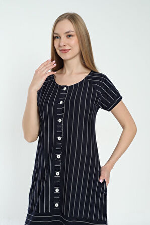 Kadın Çizgi Desenli Pamuklu Kısa Kollu Cepli Elbise