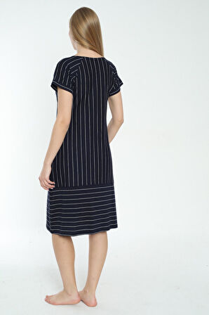 Kadın Çizgi Desenli Pamuklu Kısa Kollu Cepli Elbise