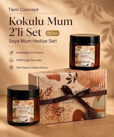 Kokulu Mum 2'li Set - Soya Mum Hediye Seti, Sandalağacı ve Okyanus Aromalı Amber Kavanoz Mumlar -%100 Doğal Soya Wax, Özel Tasarım Kutulu
