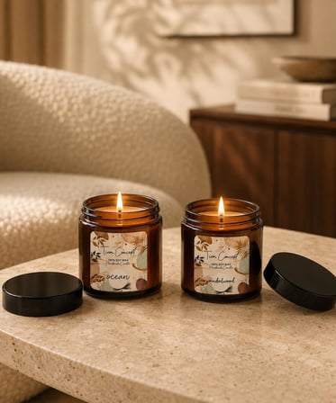 Kokulu Mum 2'li Set - Soya Mum Hediye Seti, Sandalağacı ve Okyanus Aromalı Amber Kavanoz Mumlar -%100 Doğal Soya Wax, Özel Tasarım Kutulu