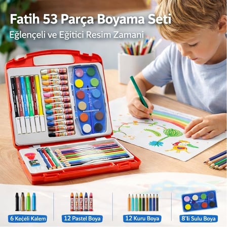 Fatih 53 Parça Boyama Seti Keçeli Kalem Pastel Boya Kuru Boya Sulu Boya Silgi ve Kalemtraş İçeren Resim Boyama Seti Çocuklar İçin Sağlam Plastik Çantalı Boyama ve Resim Seti