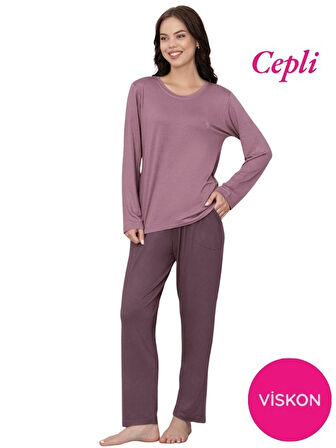 Kadın Bisiklet Yaka Düğmesiz Viskon Mevsimlik Uzun Kol Cepli Pijama Takımı