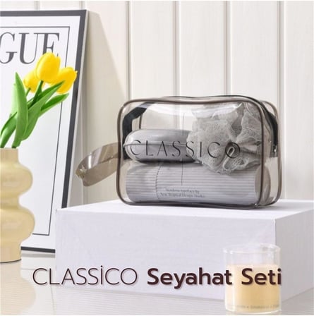 Classico Seyahat Seti Banyo Seti Siyah - Duş Lifi, Sabunluk, Tarak ve Ayna Kapaklı Makyaj Kutusu