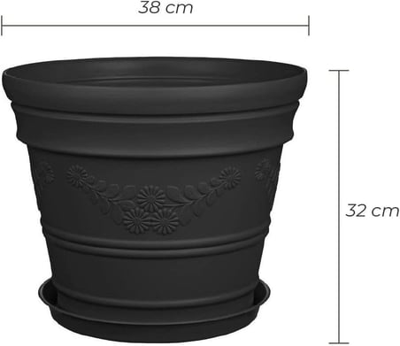 Antik Papatya Desenli Siyah Renk Saksı 21 Litre Siyah