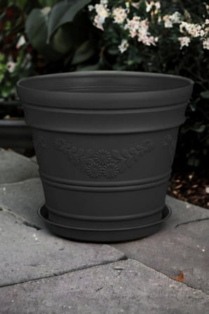 Antik Papatya Desenli Siyah Renk Saksı 21 Litre Siyah