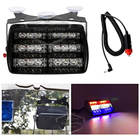 18 Led Mini Cam İçi Vantuzlu Polis Çakar Lamba İkaz Lambası 18 Ledli 4 Farklı Mod Mavi Beyaz Kırmızı 3 Renk Çakmaklık Girişli