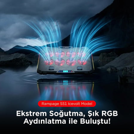Rampage S51 Icevolt Siyah RGB Işıklı 8 Fanlı LCD Göstergeli 16 Kadar Yükselebilen Notebook Soğutucu