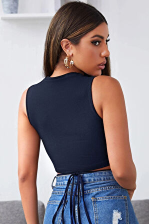 Kadın Lacivert Çapraz Bağlamalı Crop Top Büstiyer