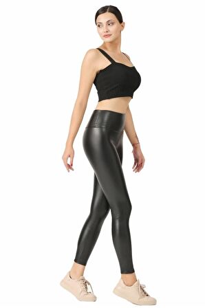 Kadın Yüksek Bel Siyah Içi Peluş Kışlık Deri Tayt