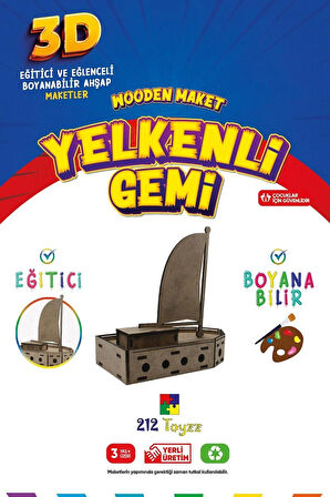 212toyzz 3D Boyanabilir Ahşap Yelkenli Gemi Maketi - Çocuklar İçin Eğitici Oyuncak