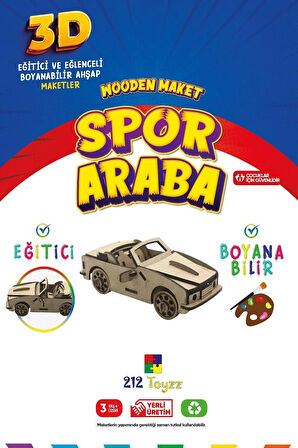 212toyzz 3D Boyanabilir Ahşap Spor Araba Maketi - Çocuklar İçin Eğitici Oyuncak