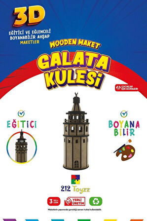 212toyzz 3D Boyanabilir Ahşap Galata Kulesi Maketi - Çocuklar İçin Eğitici Oyuncak