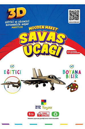 212toyzz 3D Boyanabilir Ahşap savaş Uçak Maketi F-16- Çocuklar İçin Eğitici Oyuncak