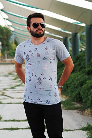 Gri Slim Fit Büyük Çapa Desenli Kısa Kollu Erkek Tişört 20ETSHBCAP