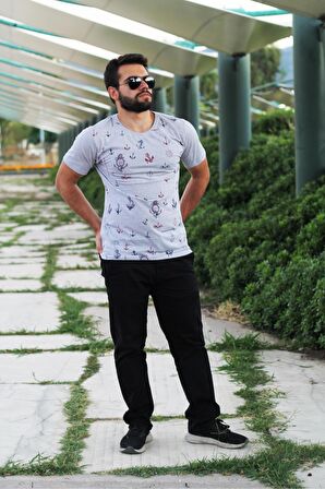 Gri Slim Fit Büyük Çapa Desenli Kısa Kollu Erkek Tişört 20ETSHBCAP