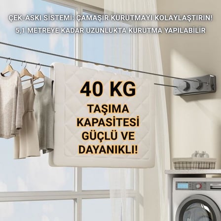 40Kg Taşıma Kapasiteli Çelik Çamaşır Asma İpi Makinası Çamaşır Kurutma İpi Çamaşır Askılığı