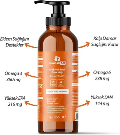 Kedi ve Köpekler İçin Tüy Dökülmesini Önleyici Omega 3-6 Premium Balık Yağı 200 ml | Yüksek EPA &amp; DHA