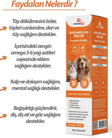 Kedi ve Köpekler İçin Tüy Dökülmesini Önleyici Omega 3-6 Premium Balık Yağı 200 ml | Yüksek EPA &amp; DHA