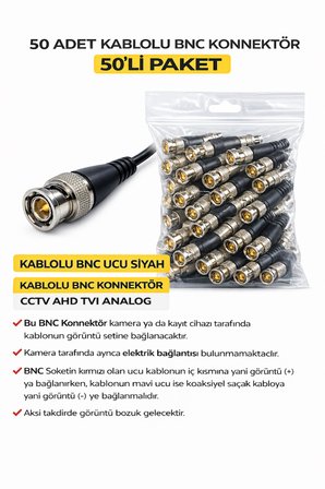 50 Adet Kablolu Bnc Konnektör 50li Paket Güvenlik Kamerası Bağlantı Soketi Kablolu Bnc Ucu Siyah
