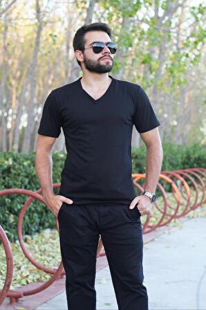 Siyah Slim Fit Düz Basic Kısa Kollu V Yaka İnce Erkek Tişört 20ETSHBSIC