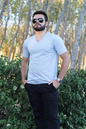 Gri Slim Fit Düz Basic Kısa Kollu V Yaka İnce Erkek Tişört 20ETSHBSIC