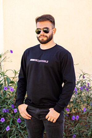 Siyah Invisible Yazılı Uzun Kollu Kalın Erkek Sweatshirt 21ESWTINVS