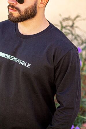 Siyah Invisible Yazılı Uzun Kollu Kalın Erkek Sweatshirt 21ESWTINVS