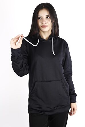 Siyah İçi Yumuşak Kalın Polar Kanguru Cep Kapüşonlu Kadın Sweatshirt 22KSWTPOLM