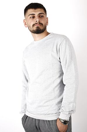 Gri Melanj Düz Baskısız Basic Bel Bilek Ribanalı İnce Erkek Sweatshirt 22ESWTDUZS