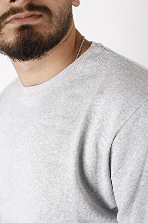 Gri Melanj Düz Baskısız Basic Bel Bilek Ribanalı İnce Erkek Sweatshirt 22ESWTDUZS