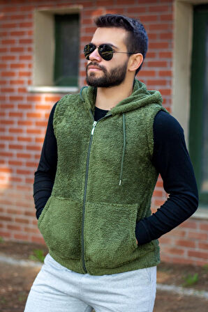 Haki Peluş Yumoş Fermuarlı Kapüşonlu Erkek Yelek 22EYLKPELO