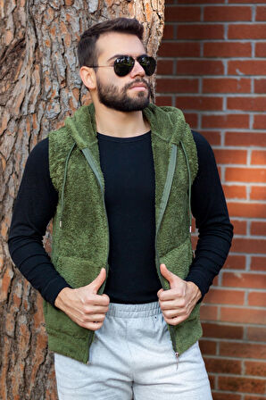 Haki Peluş Yumoş Fermuarlı Kapüşonlu Erkek Yelek 22EYLKPELO