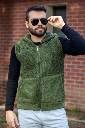 Haki Peluş Yumoş Fermuarlı Kapüşonlu Erkek Yelek 22EYLKPELO