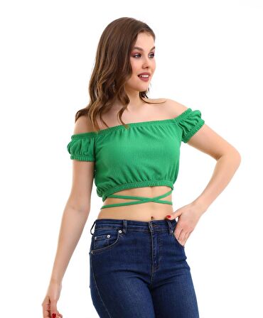 Yeşil Bürümcük Kumaş Madonna Yaka Bel Bağlamalı Model Crop Kadın Bluz 23KBLZ0017