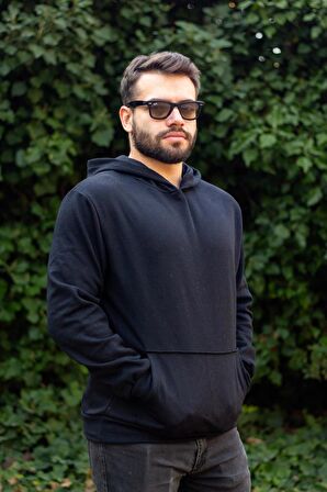 Siyah Baskısız Basic Oversize Kapüşonlu Kanguru Cep Uzun Kollu Kalın Erkek Sweatshirt 23ESWTCKAG