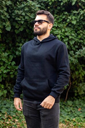 Siyah Baskısız Basic Oversize Kapüşonlu Kanguru Cep Uzun Kollu Kalın Erkek Sweatshirt 23ESWTCKAG