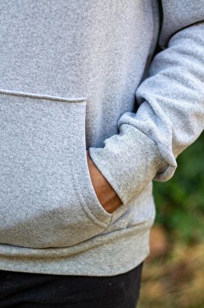 Gri Baskısız Basic Oversize Kapüşonlu Kanguru Cep Uzun Kollu Kalın Erkek Sweatshirt 23ESWTCKAG