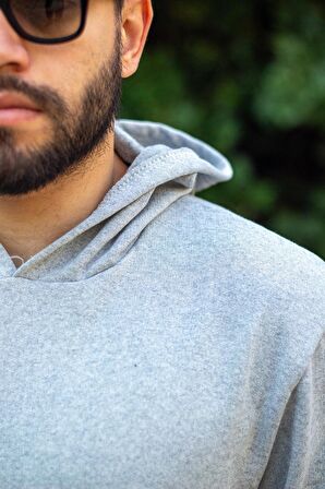 Gri Baskısız Basic Oversize Kapüşonlu Kanguru Cep Uzun Kollu Kalın Erkek Sweatshirt 23ESWTCKAG