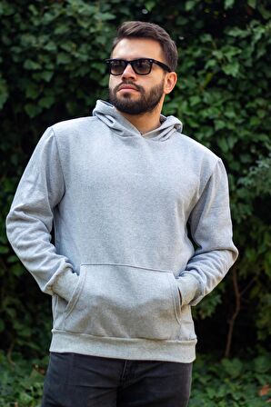 Gri Baskısız Basic Oversize Kapüşonlu Kanguru Cep Uzun Kollu Kalın Erkek Sweatshirt 23ESWTCKAG